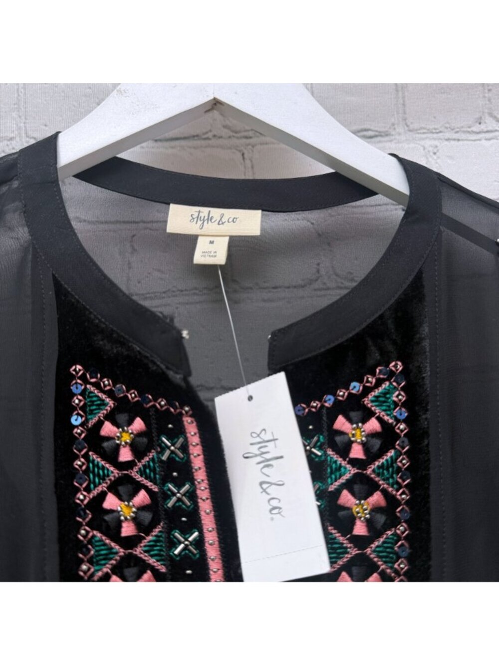 Style & Co Boho Blouse Size Medium Black Embroidered Chiffon Womens Top NWT - Picture 3 of 11